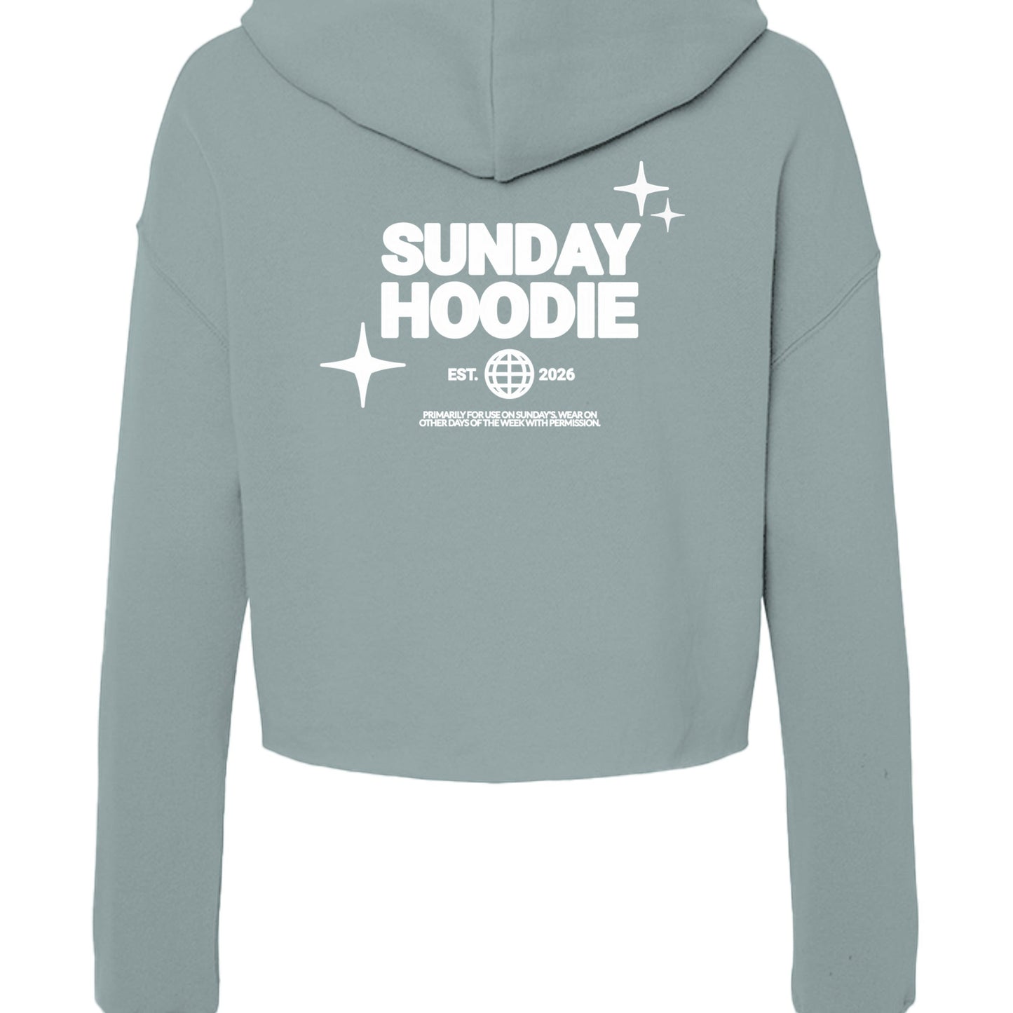 Back view of Omina Essentials sage green cropped Sunday hoodie with white graphic print and hood