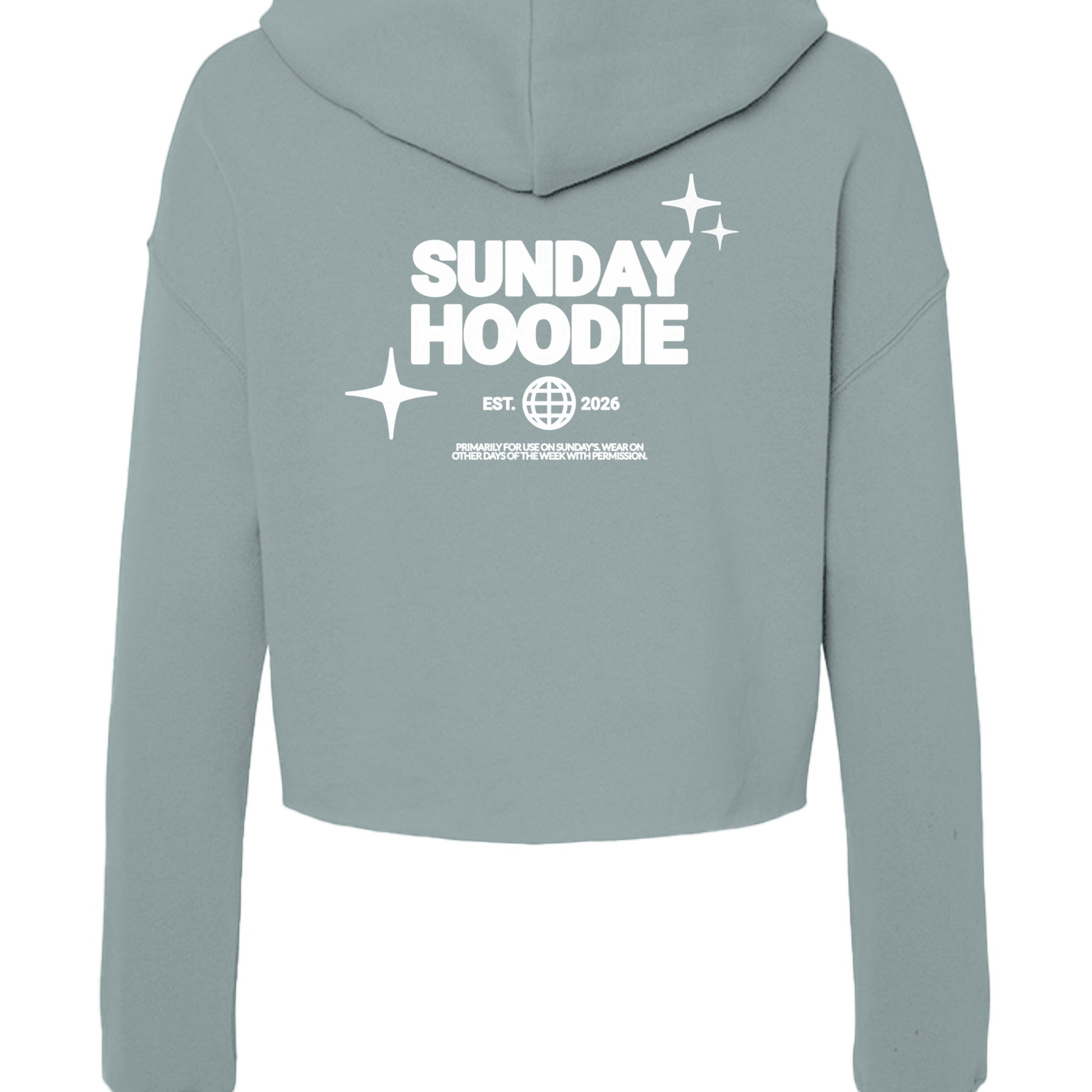 Back view of Omina Essentials sage green cropped Sunday hoodie with white graphic print and hood