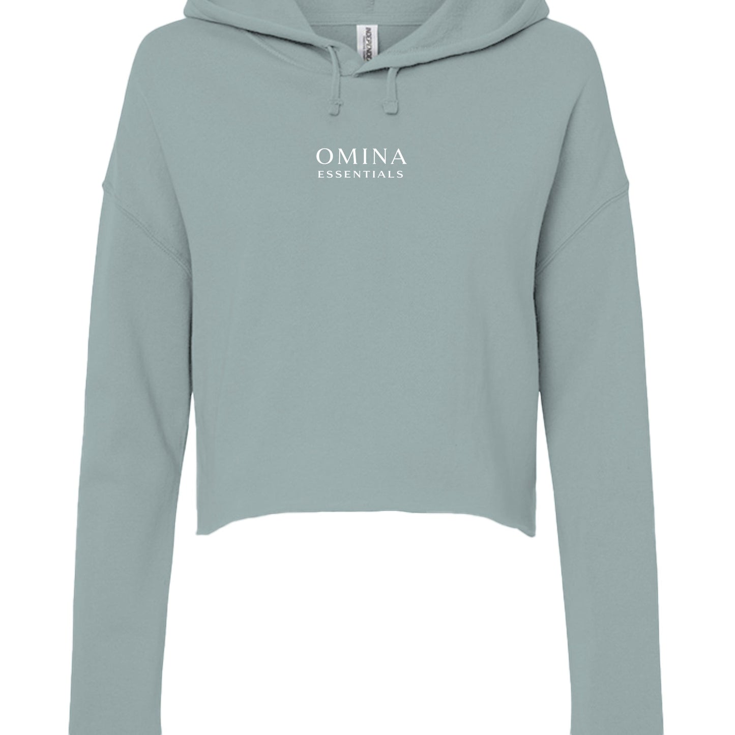 Omina Essentials sage green cropped Sunday hoodie with long sleeves, a flat drawcord hood, and white chest logo.
