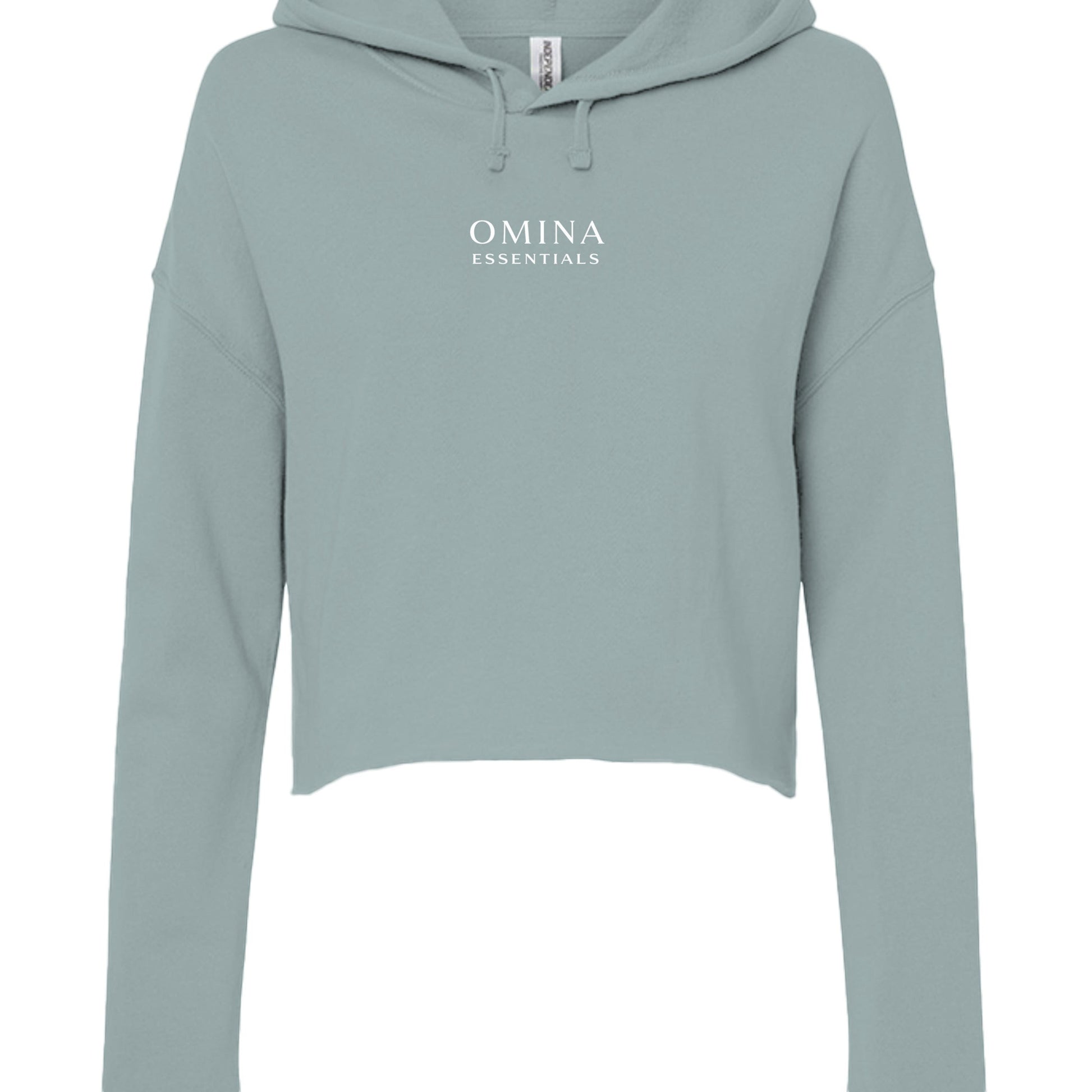 Omina Essentials sage green cropped Sunday hoodie with long sleeves, a flat drawcord hood, and white chest logo.