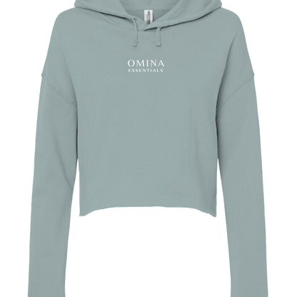 Omina Essentials sage green cropped Sunday hoodie with long sleeves, a flat drawcord hood, and white chest logo.
