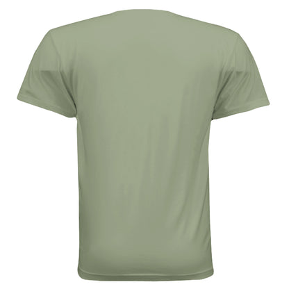 Back view of Omina heavyweight sage green cotton t-shirt with a relaxed fit and dropped shoulders.