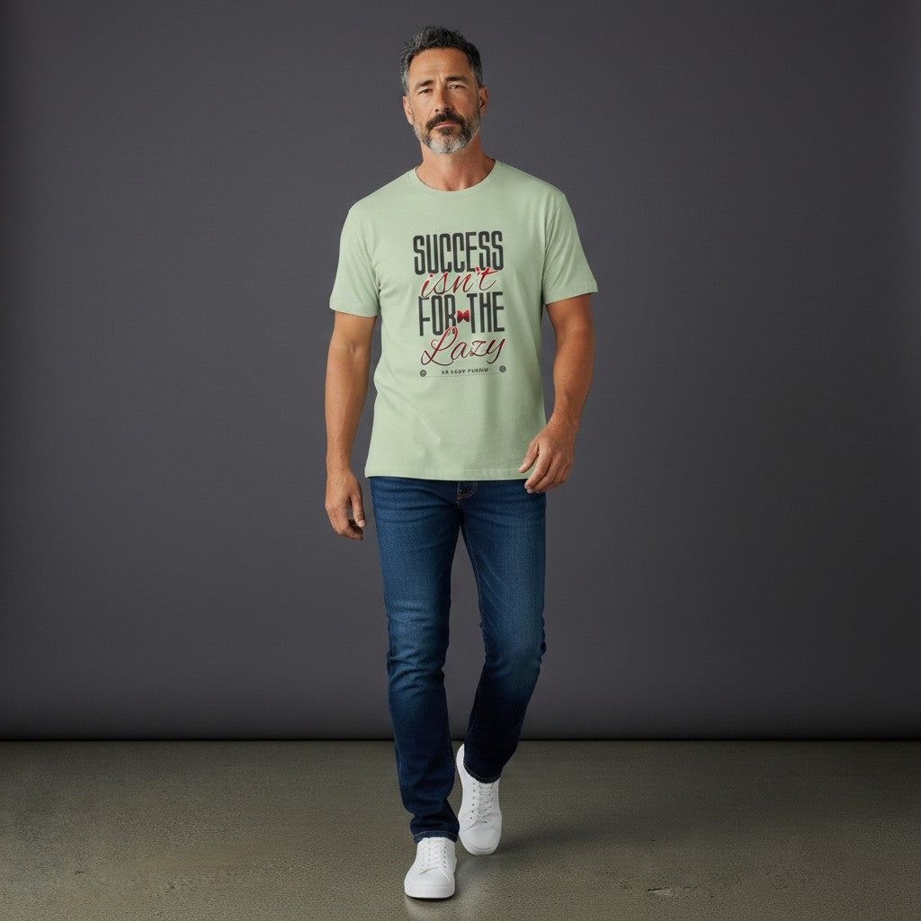 Omina sage green heavyweight cotton t-shirt with motivational Success Isn't For The Lazy graphic on a male model.
