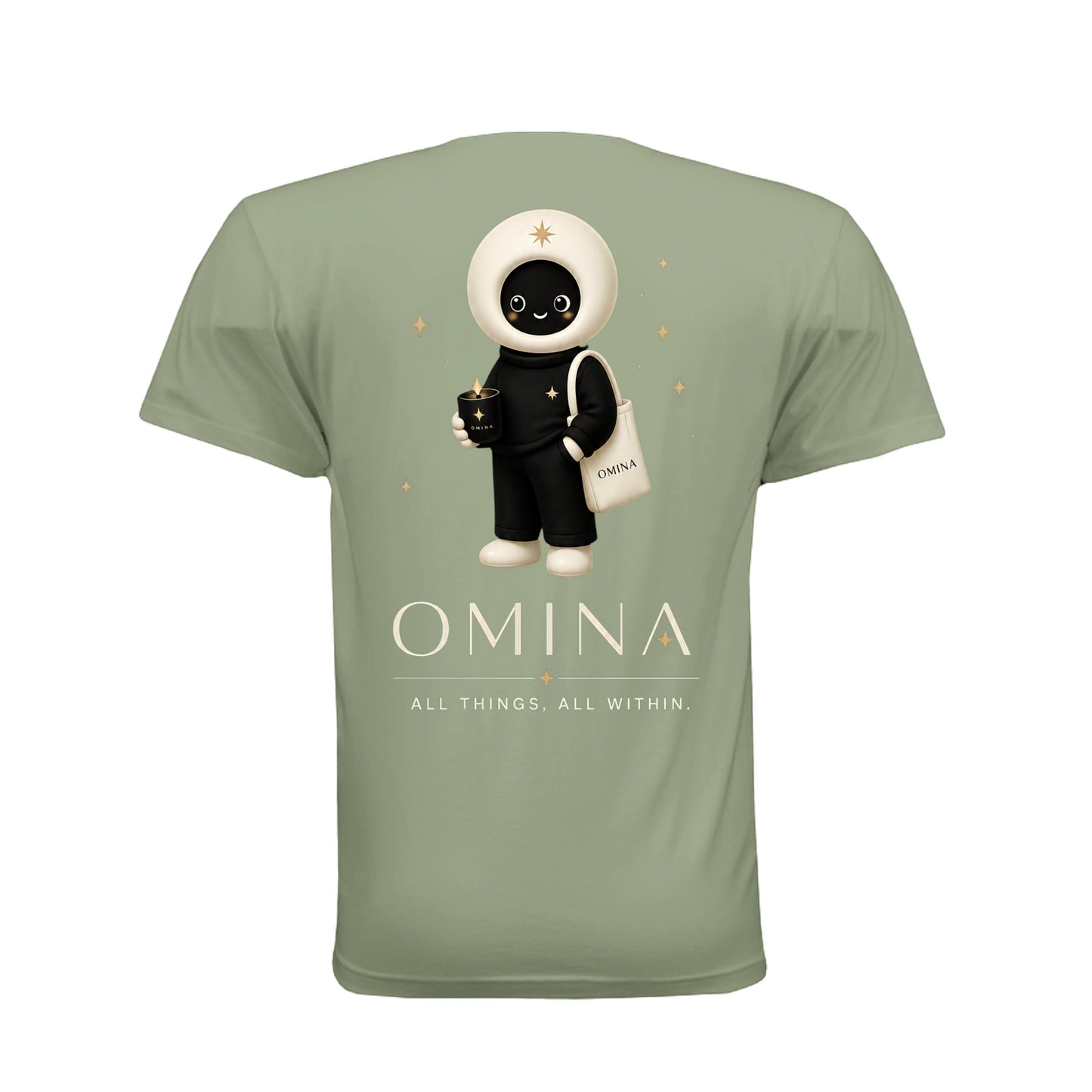 Back view of Omina sage green cotton t-shirt featuring the O mascot graphic with the text All Things, All Within.