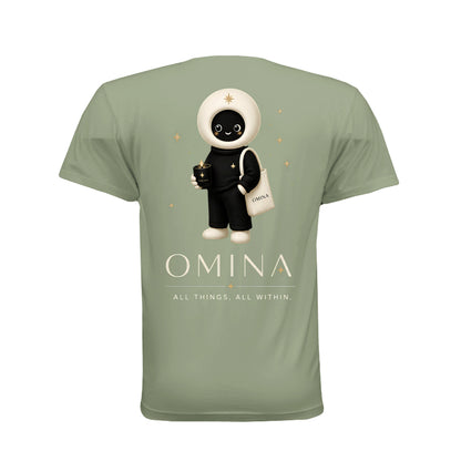 Back view of Omina sage green cotton t-shirt featuring the O mascot graphic with the text All Things, All Within.