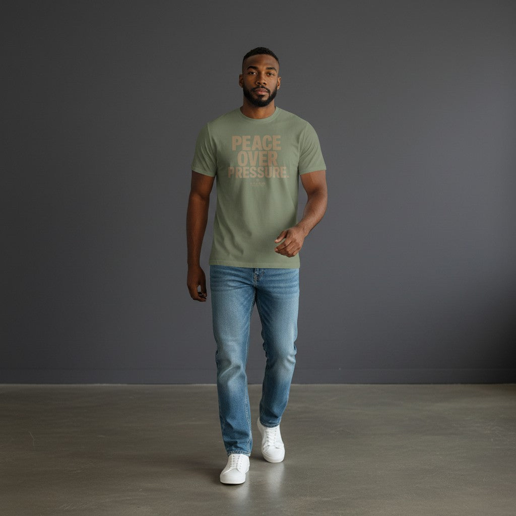 Model wearing an Omina sage green heavyweight cotton t-shirt with PEACE OVER PRESSURE text in a relaxed fit.