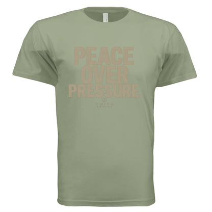 Omina Essentials sage green heavyweight cotton t-shirt with Peace Over Pressure graphic print in a relaxed fit.