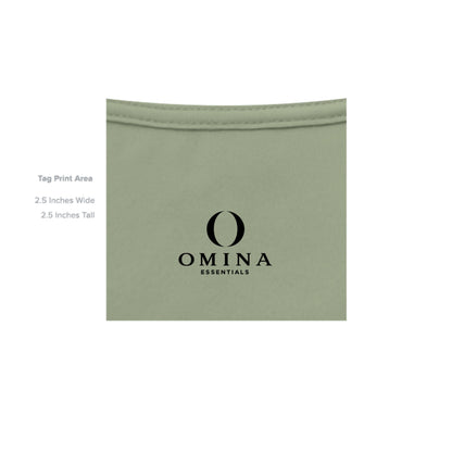 Omina Essentials sage green heavyweight cotton t-shirt interior neck label print area detail