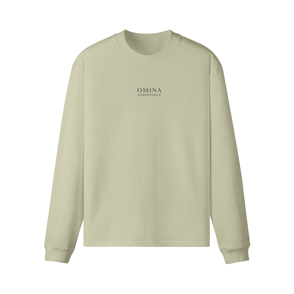 Omina Essentials sage green heavyweight long sleeve t-shirt with crew neck, drop shoulders, and minimalist logo.