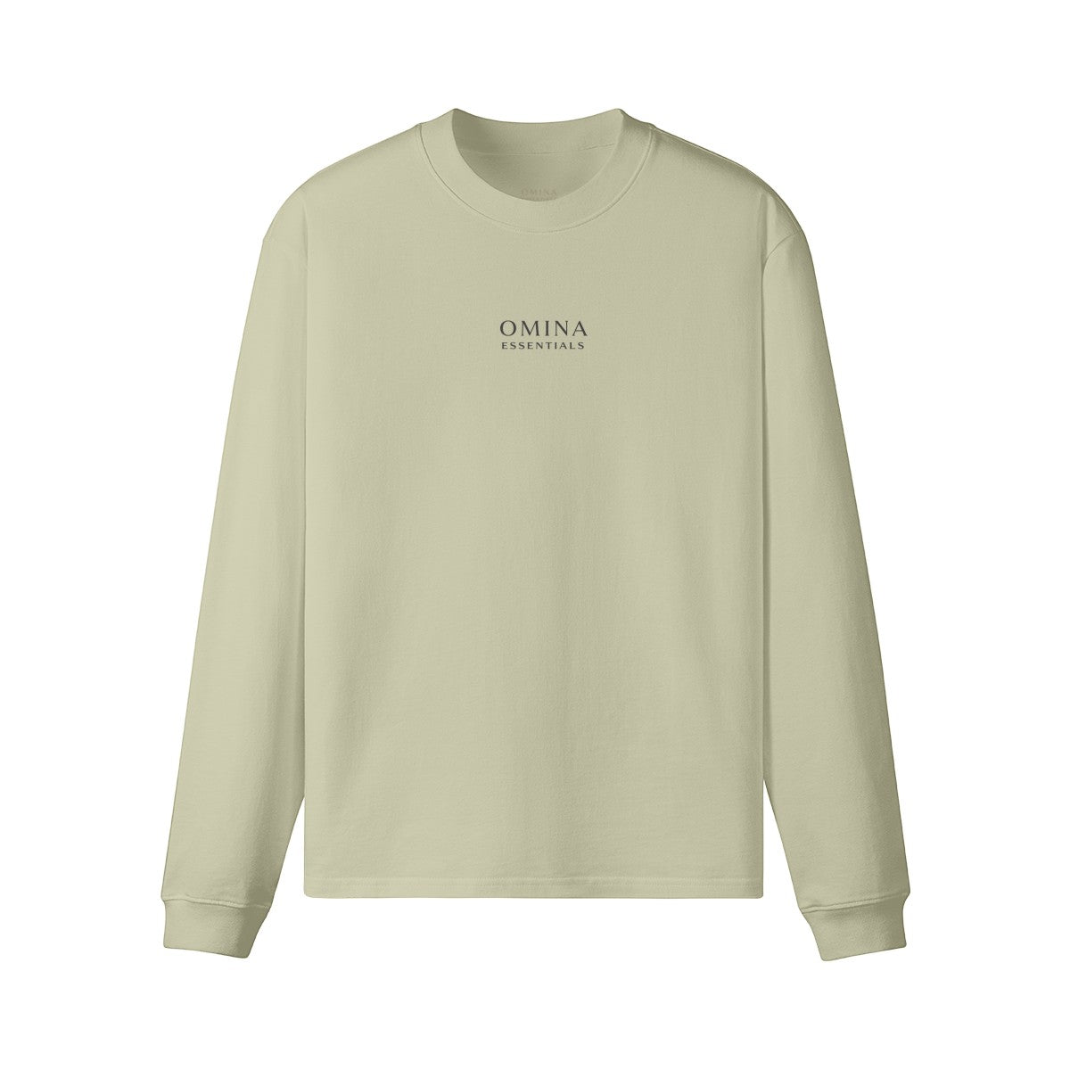 Omina Essentials sage green heavyweight long sleeve t-shirt with crew neck, drop shoulders, and minimalist logo.