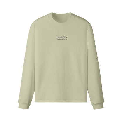 Omina Essentials sage green heavyweight long sleeve t-shirt with crew neck, drop shoulders, and minimalist logo.