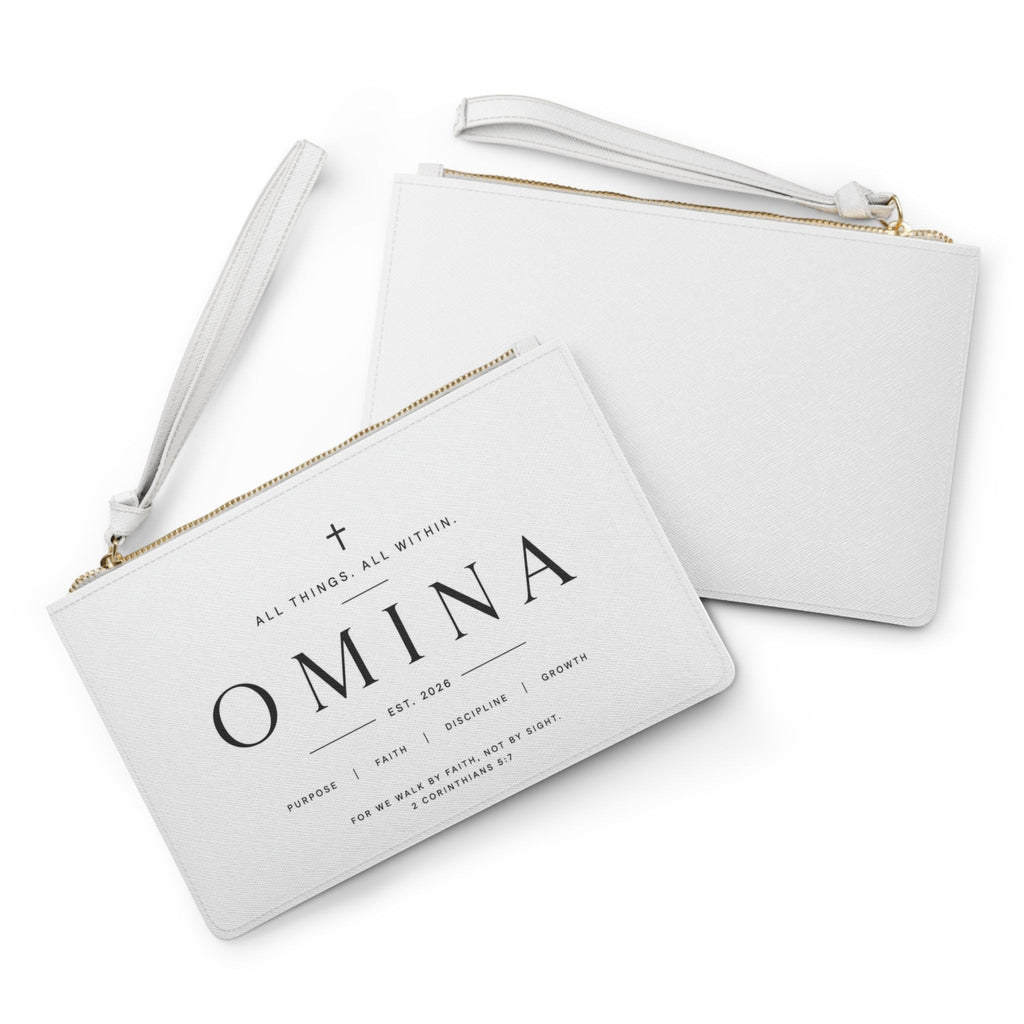 Omina white saffiano faux leather wristlet clutch with gold zipper and 2 Corinthians 5:7 scripture typography.
