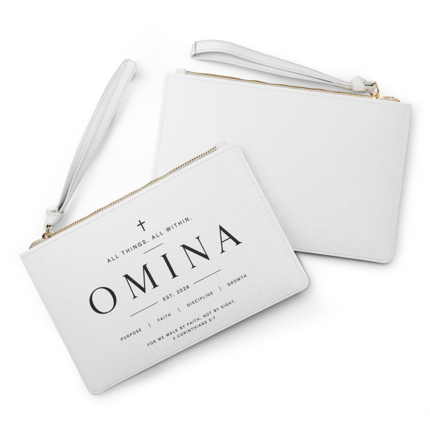 Omina white saffiano faux leather wristlet clutch with gold zipper and 2 Corinthians 5:7 scripture typography.