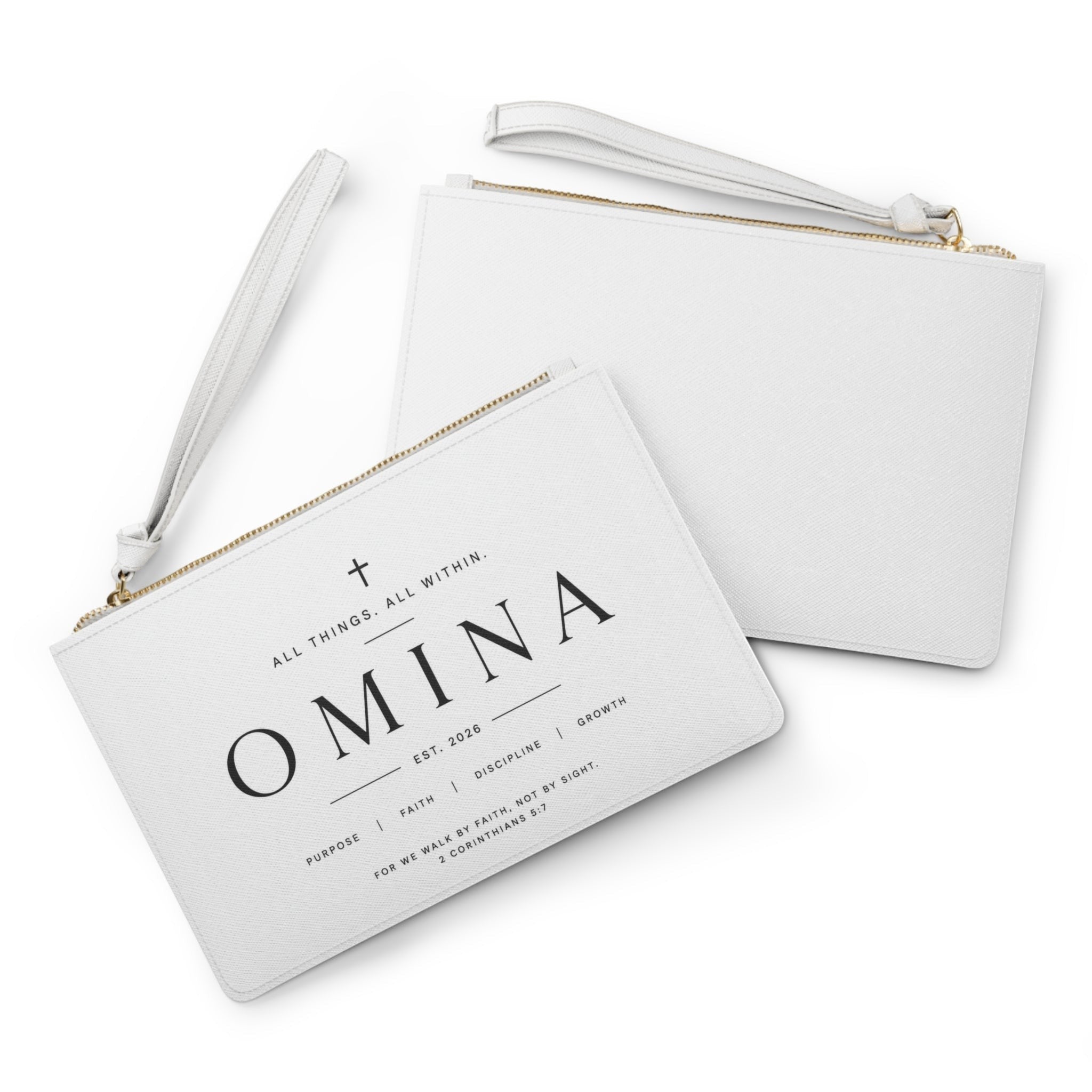 Omina white saffiano faux leather wristlet clutch with gold zipper and 2 Corinthians 5:7 scripture typography.