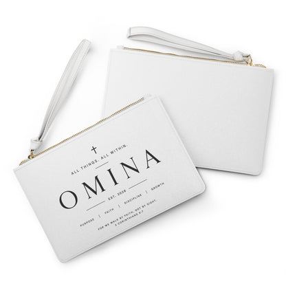 Omina white saffiano faux leather wristlet clutch with gold zipper and 2 Corinthians 5:7 scripture typography.