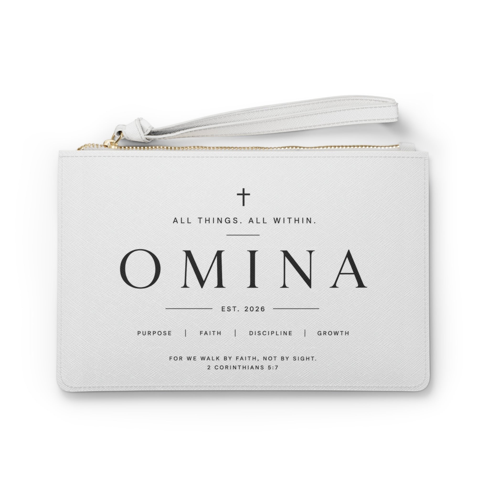 Omina white saffiano PU leather wristlet clutch with gold zipper, cross icon, and 2 Corinthians 5:7 scripture print.