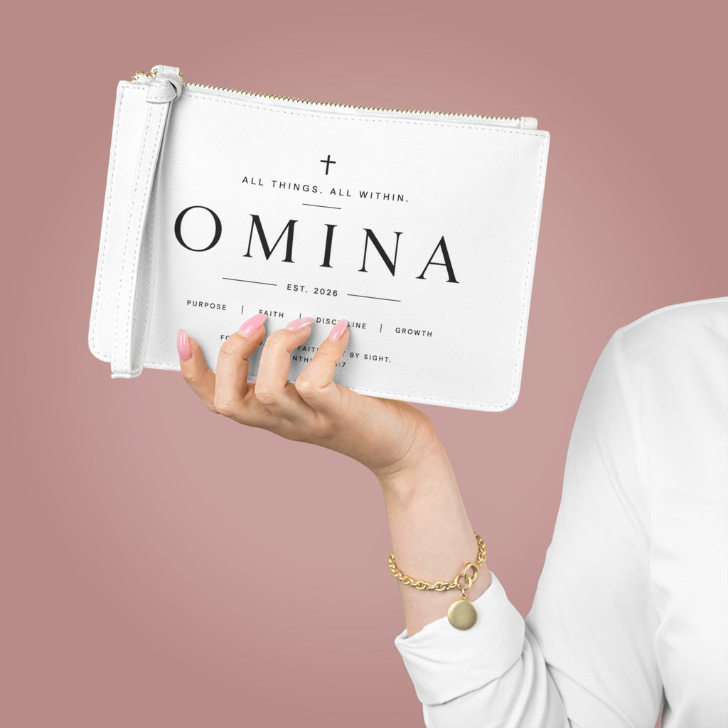 Omina white saffiano faux leather wristlet clutch with gold zipper and inspirational scripture print.