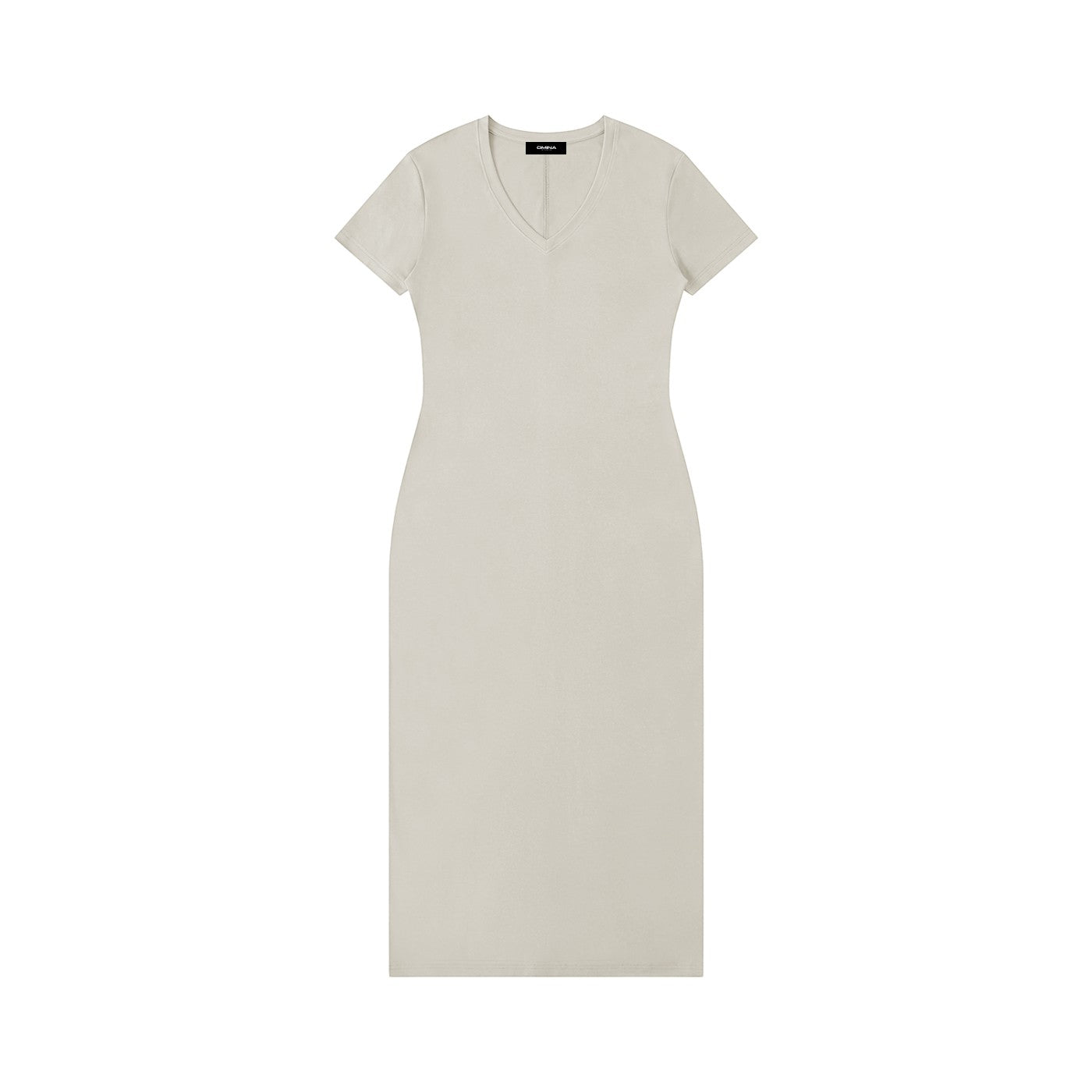 Omina light beige viscose blend V-neck maxi dress with short sleeves and side slit