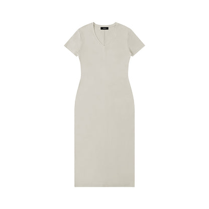 Omina light beige viscose blend V-neck maxi dress with short sleeves and side slit