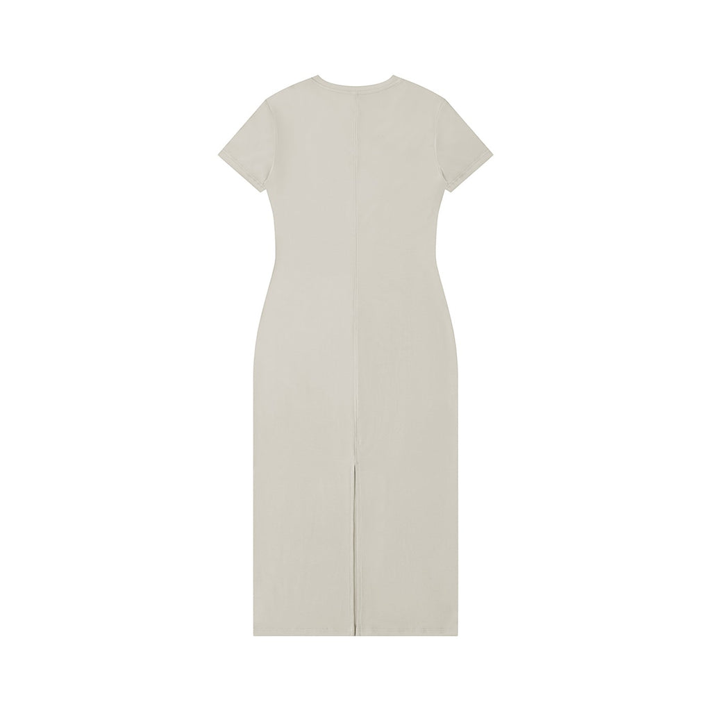 Omina beige viscose blend maxi dress with V-neck, body-skimming fit, and side slit detail.