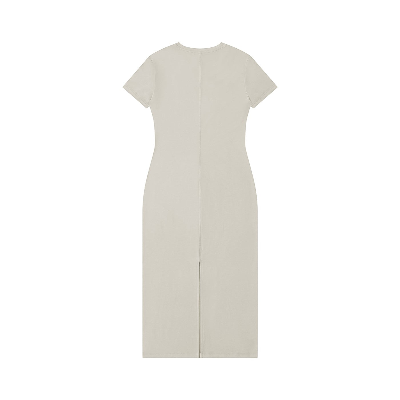Omina beige viscose blend maxi dress with V-neck, body-skimming fit, and side slit detail.