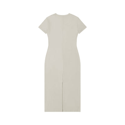 Omina beige viscose blend maxi dress with V-neck, body-skimming fit, and side slit detail.