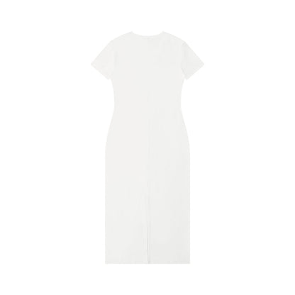 Omina white viscose blend maxi dress with short sleeves, V-neck, body-skimming fit, and side slit.