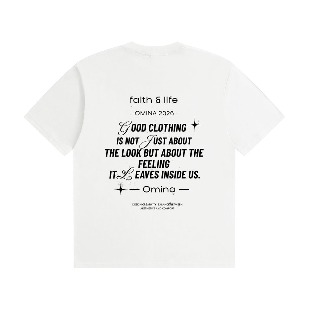 Omina white seamless cotton t-shirt with black graphic text print on the back, featuring a crew neck and unisex fit.