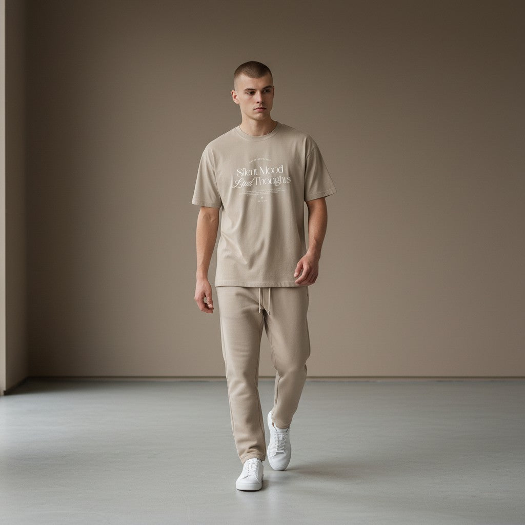 Omina Silent Mood unisex jersey tee in beige cotton worn by a man with matching joggers and white sneakers.
