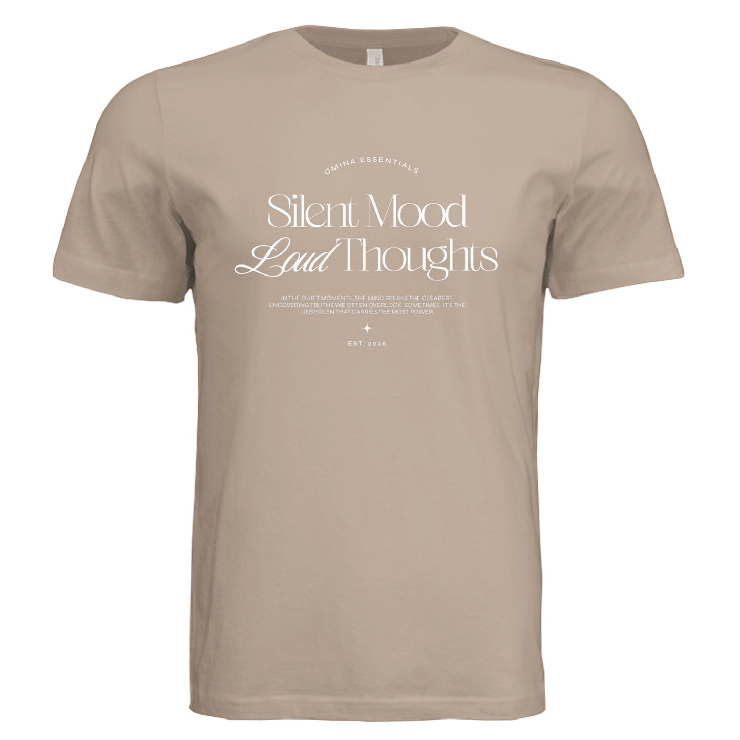 Omina Silent Mood unisex jersey tee in beige cotton with white minimalist graphic print on the chest