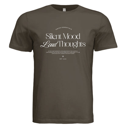 Omina Silent Mood unisex jersey tee in dark olive green with white minimalist graphic print on the chest.