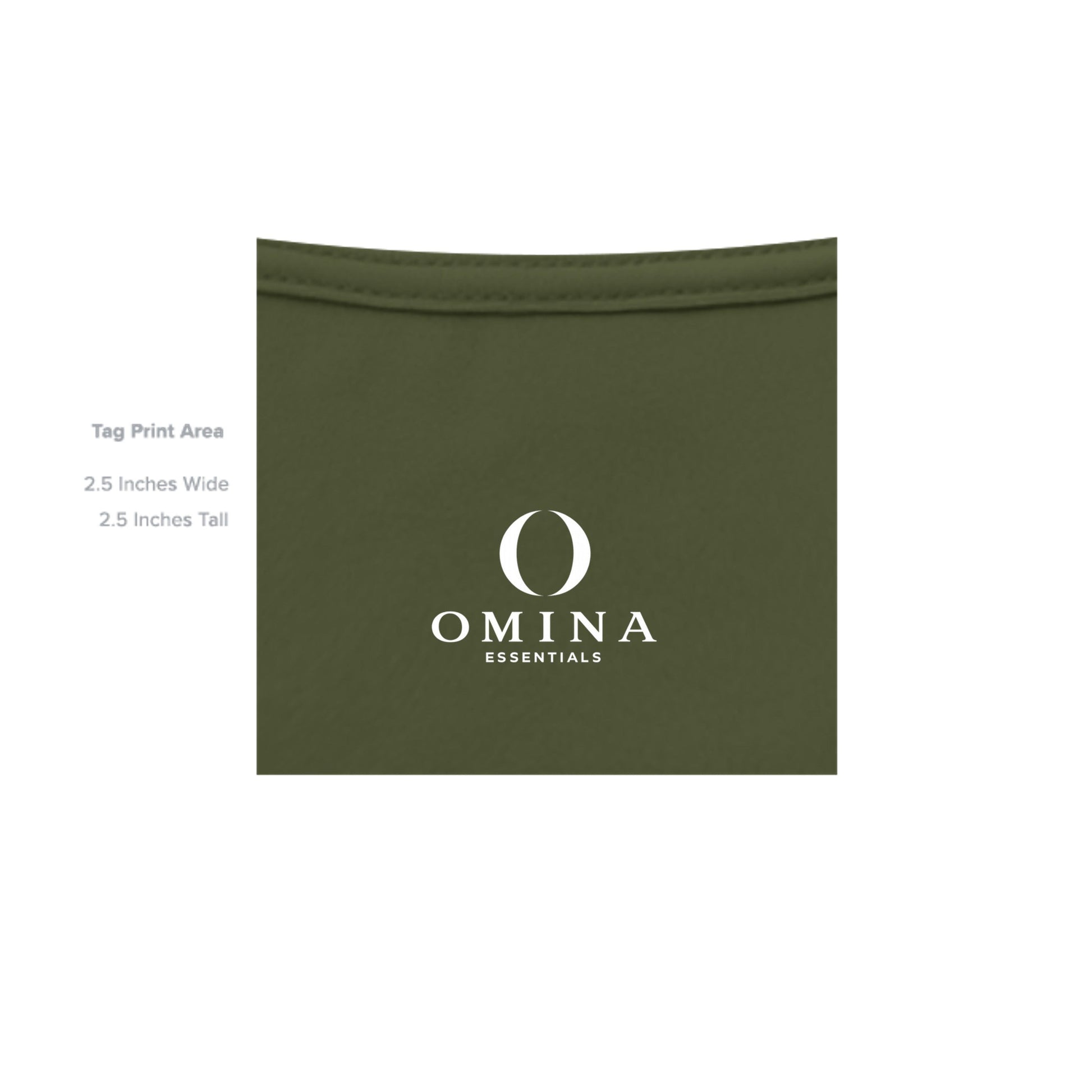 Omina Silent Mood olive green jersey tee with white Omina Essentials logo print on the inner neck label area