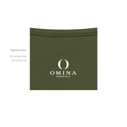 Omina Silent Mood olive green jersey tee with white Omina Essentials logo print on the inner neck label area