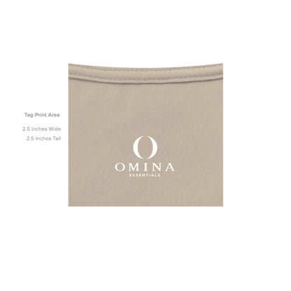 Omina Silent Mood jersey tee interior neck label print area on beige cotton fabric