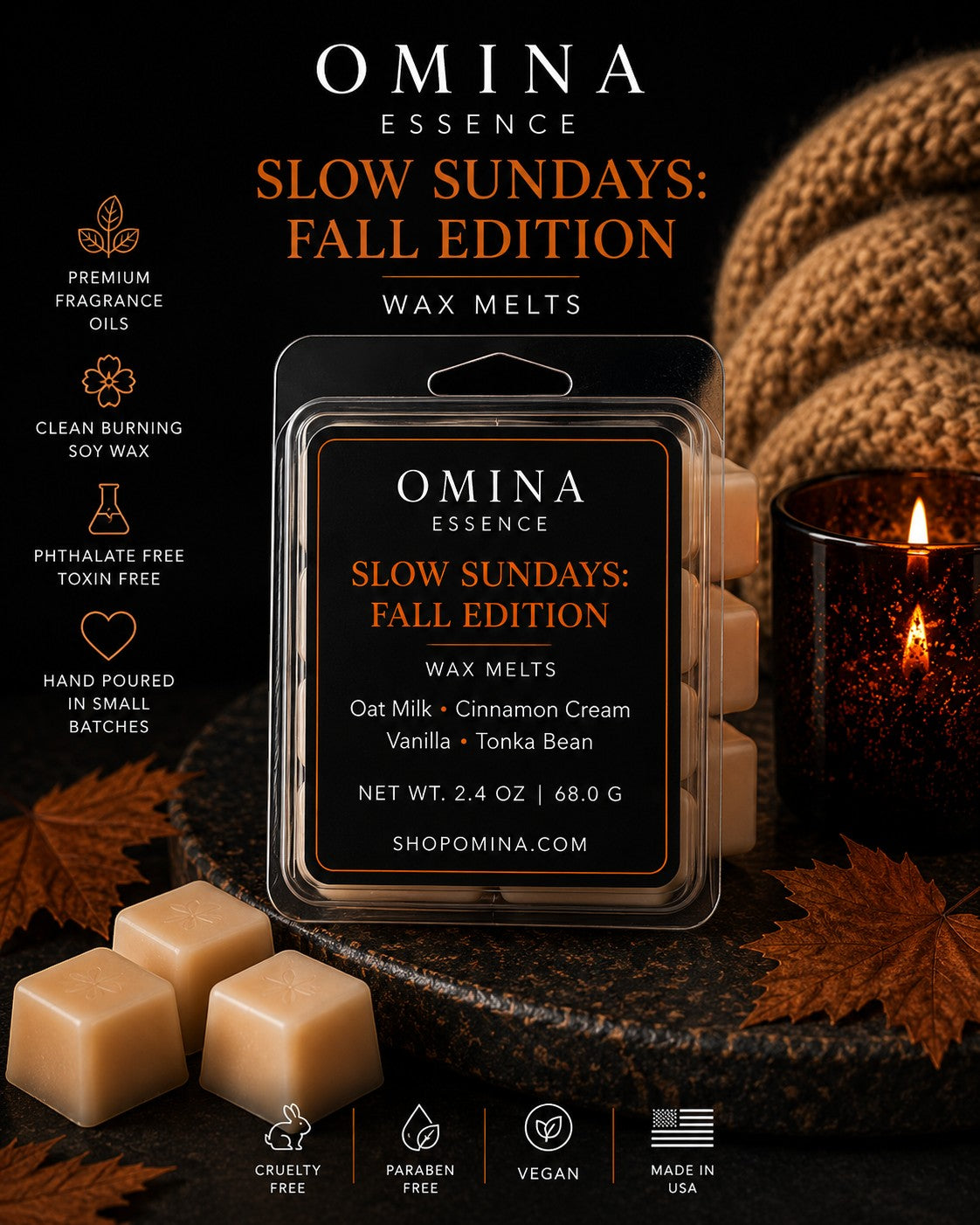 Omina Slow Sundays Fall Edition soy wax melts with notes of oat milk, cinnamon, vanilla, and tonka bean in cozy decor