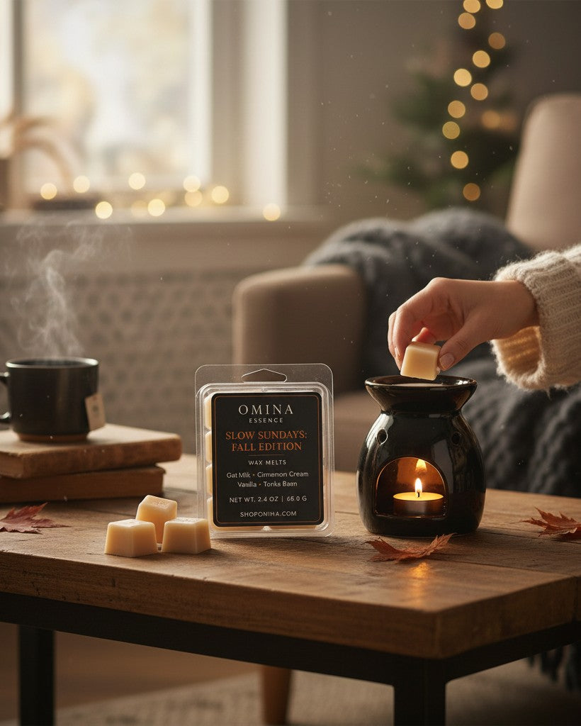Omina Slow Sundays Fall Edition soy wax melts in a cozy living room setting with a black ceramic wax warmer.