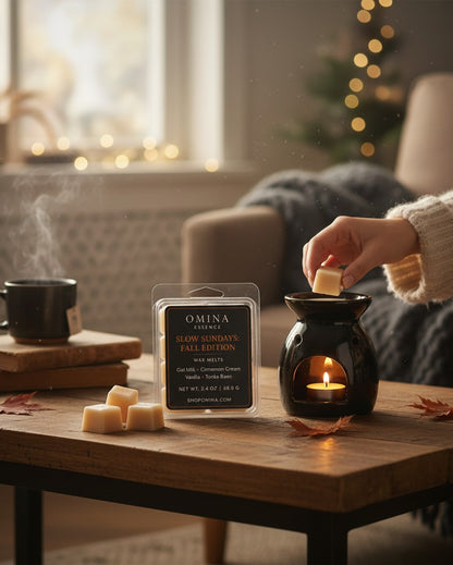 Omina Slow Sundays Fall Edition soy wax melts in a cozy living room setting with a black ceramic wax warmer.