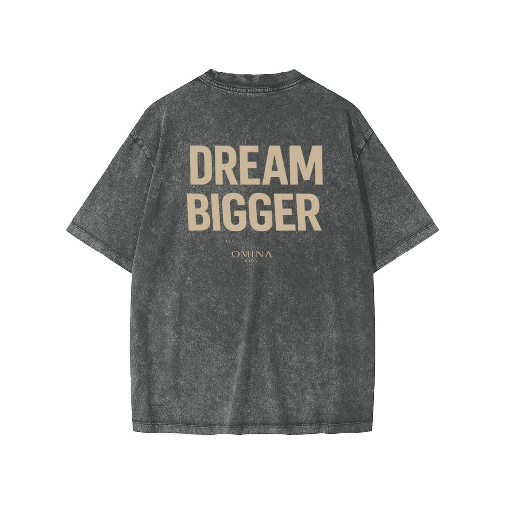 Omina Kids' snow washed charcoal grey 100% cotton t-shirt with "DREAM BIGGER" graphic print.