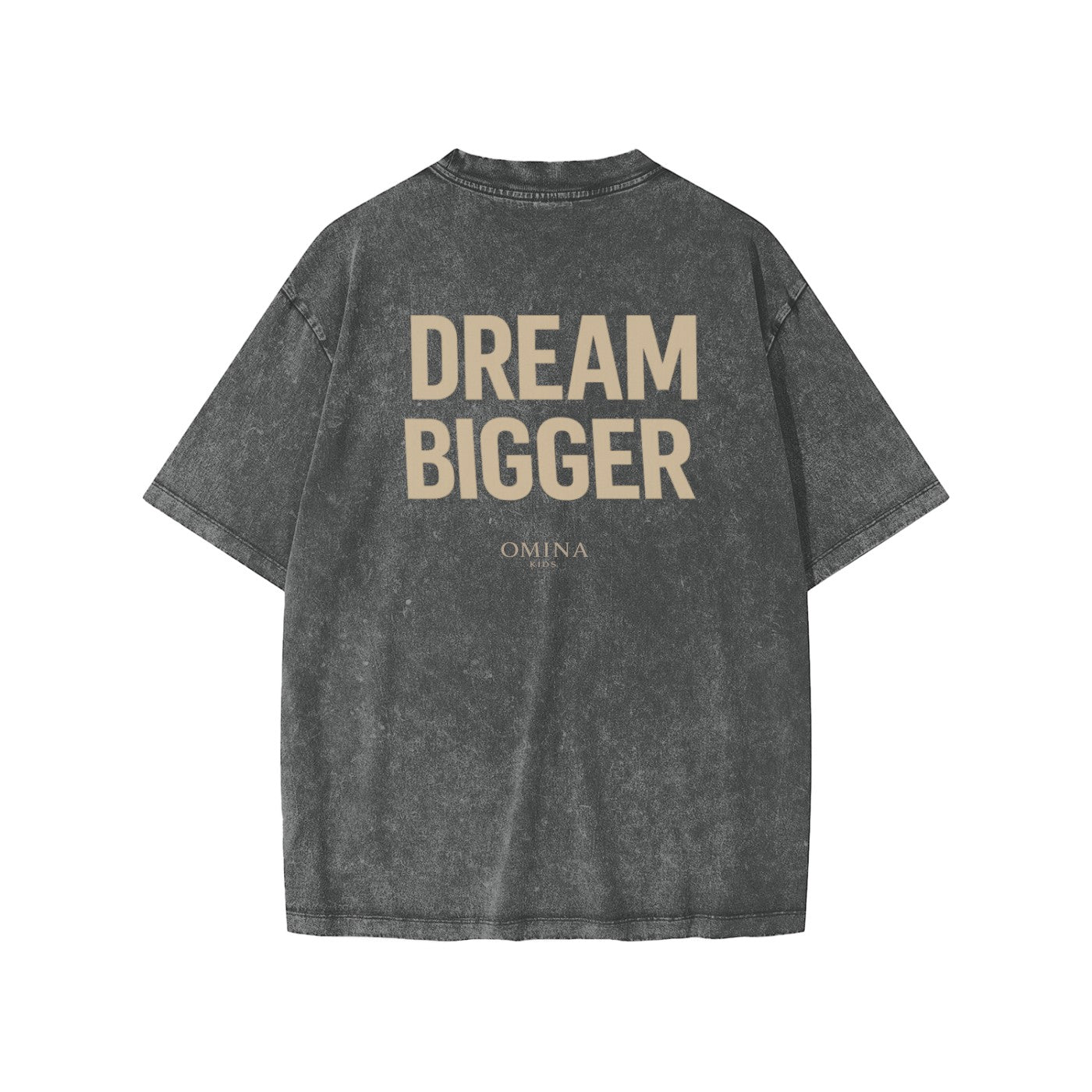 Omina Kids' snow washed charcoal grey 100% cotton t-shirt with "DREAM BIGGER" graphic print.