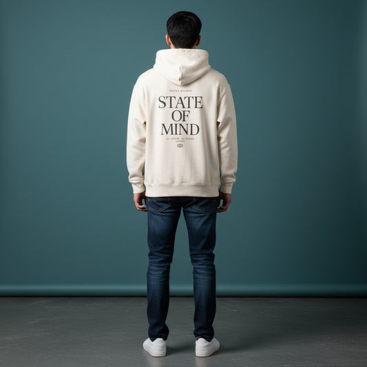 Omina Studio cream heavyweight hoodie with "State of Mind" graphic print on back. Relaxed fit, dropped shoulders, ribbed cuffs and waistband.
