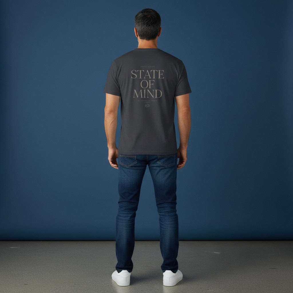 OMINA Studio State Of Mind quick dry t-shirt in dark grey with minimalist graphic print on back.