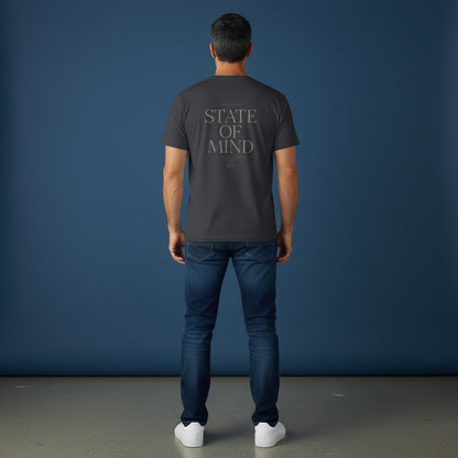 OMINA Studio State Of Mind quick dry t-shirt in dark grey with minimalist graphic print on back.