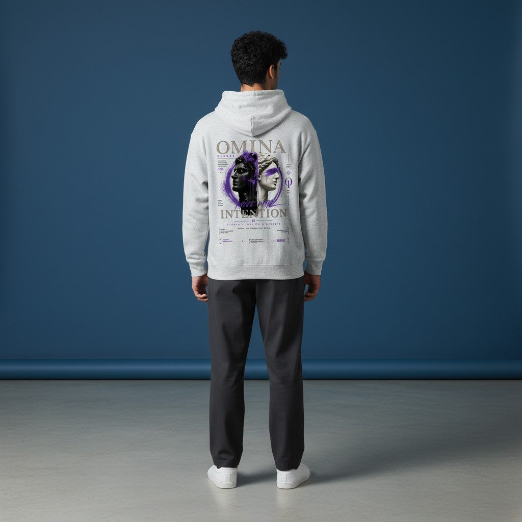 Omina Studio light grey loopback terry zip hoodie with a graphic print of two classical busts and text.