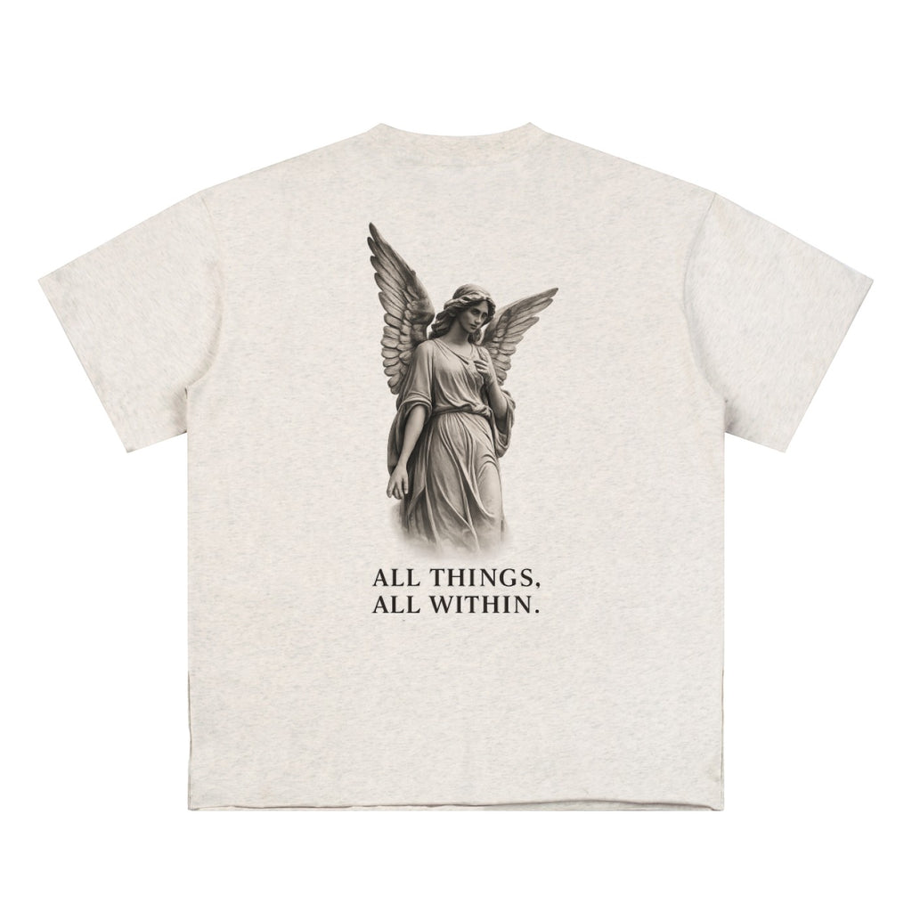 OMINA Studio light grey heathered cotton t-shirt with angel graphic and "ALL THINGS, ALL WITHIN." text.