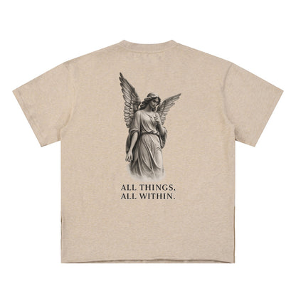 OMINA Studio beige cotton t-shirt with angel graphic and "ALL THINGS, ALL WITHIN." text on back.