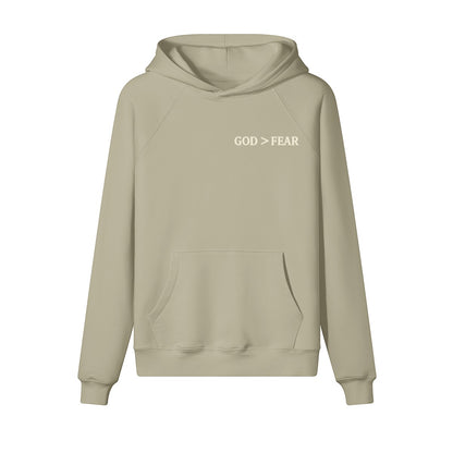 Omina Studio beige heavyweight cotton pullover hoodie with "GOD > FEAR" graphic and kangaroo pocket.