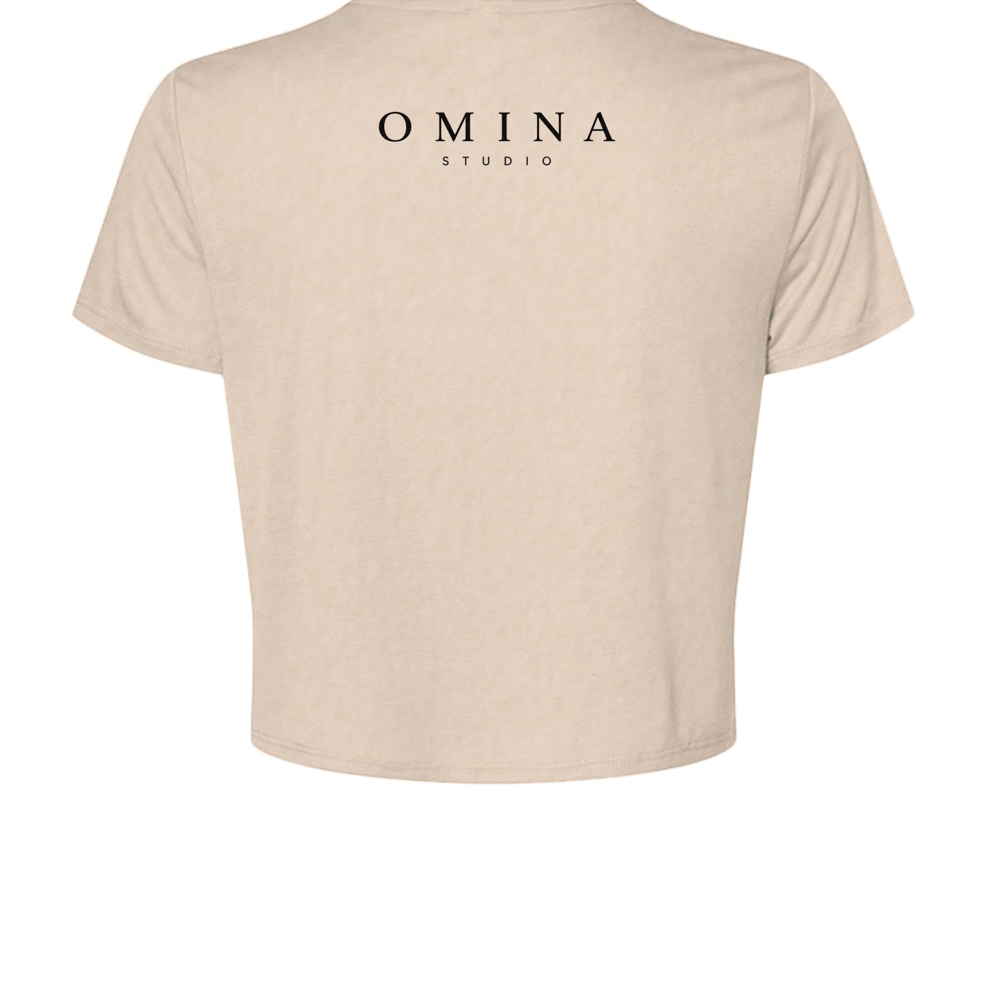 Omina Studio beige cotton crop top with black Omina Studio logo on back. Short sleeves and crew neck.