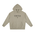 Omina Studio beige heavyweight fleece hoodie with drop shoulders and front pocket. Features black text logo.