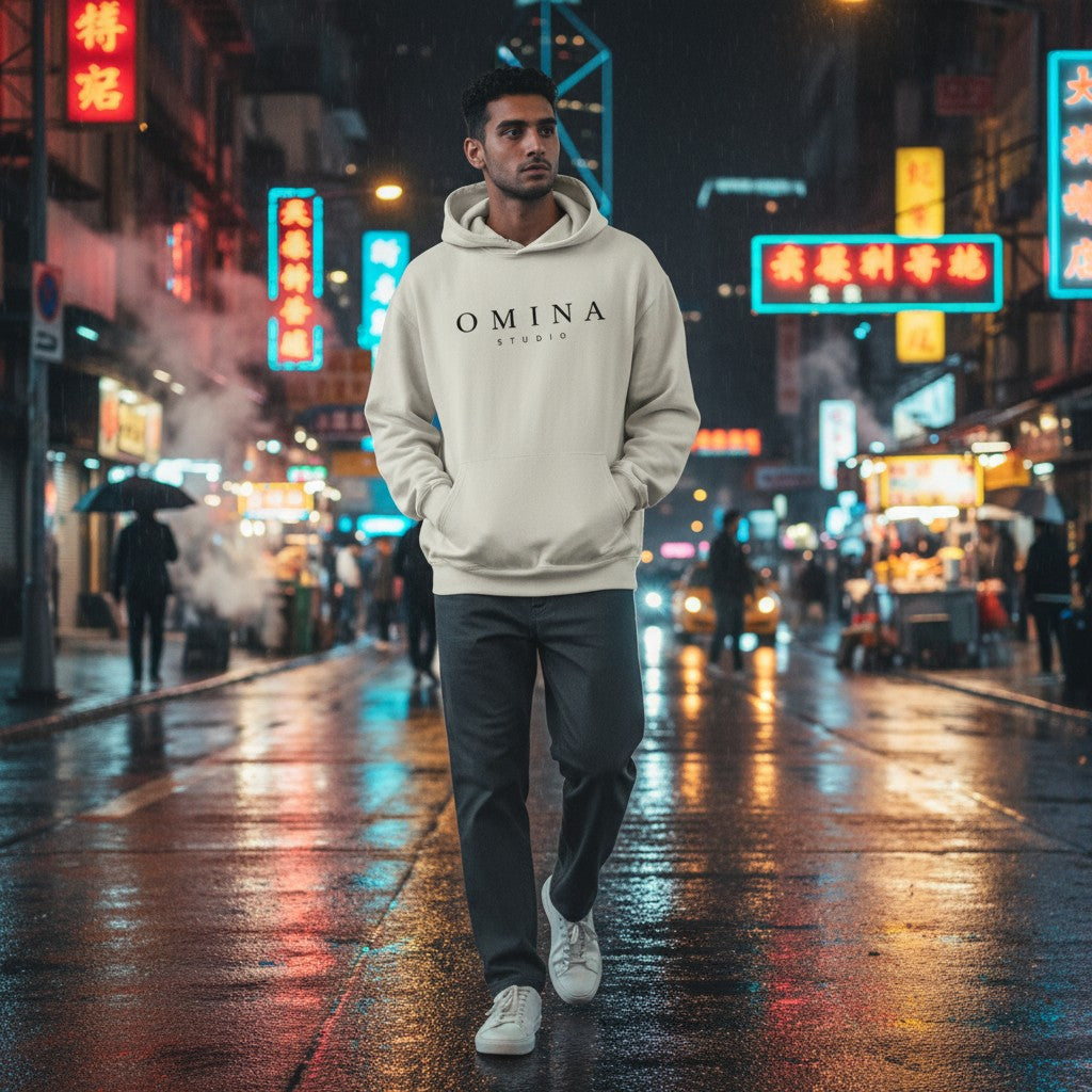 Omina Studio light beige cotton-poly blend hooded sweatshirt with kangaroo pocket and black logo.