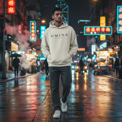 Omina Studio light beige cotton-poly blend hooded sweatshirt with kangaroo pocket and black logo.